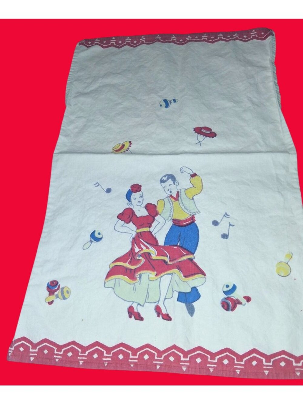 Vintage Mexican Dance-Themed Kitchen Towel With Red Border Musical Print 1940s